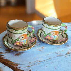 80'S WMG (2 set) 3D Bunny Mugs/Saucers Collectible Garden Floral Flower Style